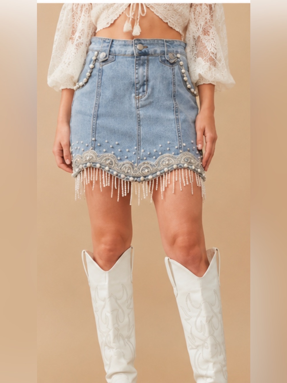 Blue B Stretch Denim Embellished Pearl Fringe Mini Skirt